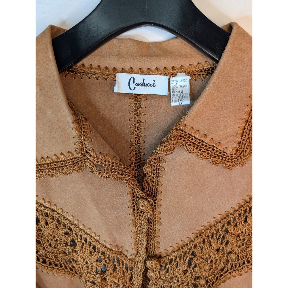 Vintage Carducci Patchwork Suede Leather crochet Jacket Hippie Boho 70s Fairy M - Picture 3 of 7
